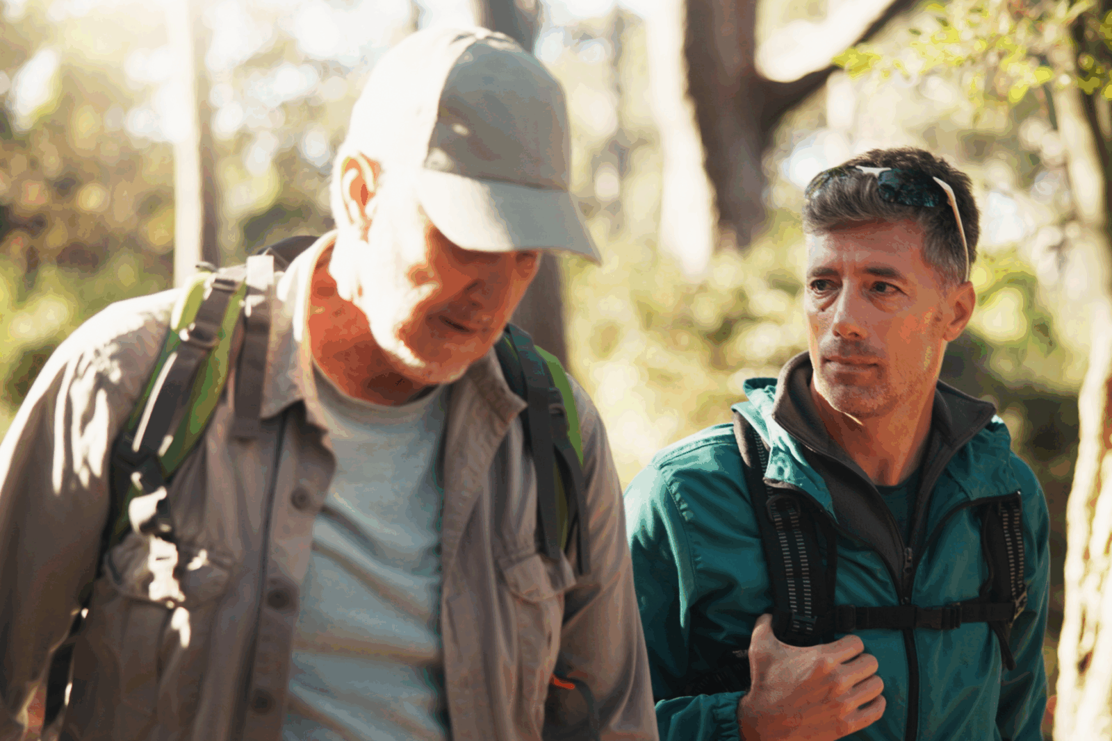 Two friends in forest hiking